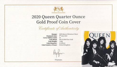 イギリス 2020年 Queen ロックの殿堂 25ポンド(1/4oz)金貨 裸(記念切手付き)
